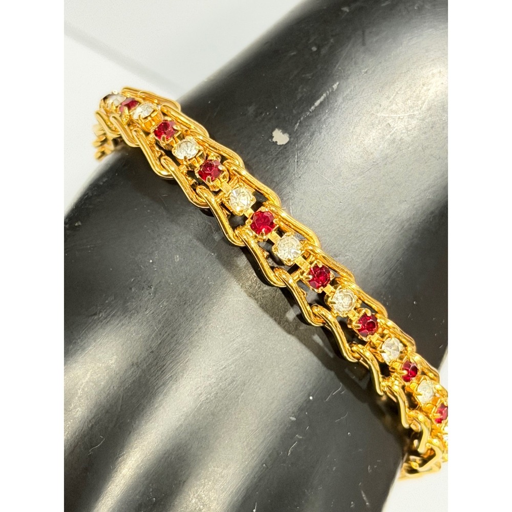 Weave Link Bracelet Women Gold Tone Red‎ Clear Rhinestones Tennis Style
